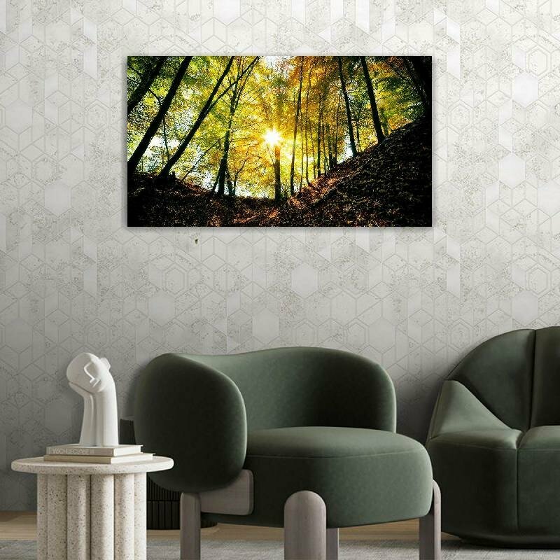 Картина на холсте 60x110 LinxOne "Лучи лес деревья солнце свет" интерьерная для дома / на стену / на кухню / с подрамником