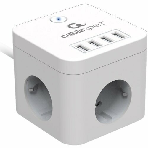 Сетевой фильтр Cablexpert Cube, 3 розетки, 10А, 4хUSB, ур. защиты 4+, белый , 1.5 метра