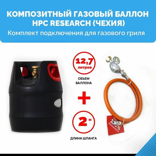 Комплект набор Композитный пустой газовый баллон HPC Research GILL EDITION 12,7 л. с редуктором и шлангом для подключения газового гриля 2 м