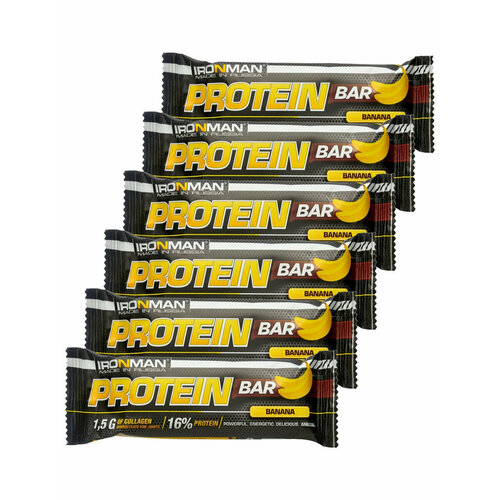 Ironman, Protein bar с коллагеном, 6х50г (банан (в шоколаде)) ironman protein bar с коллагеном без сахара 3х50 г кокос в шоколаде