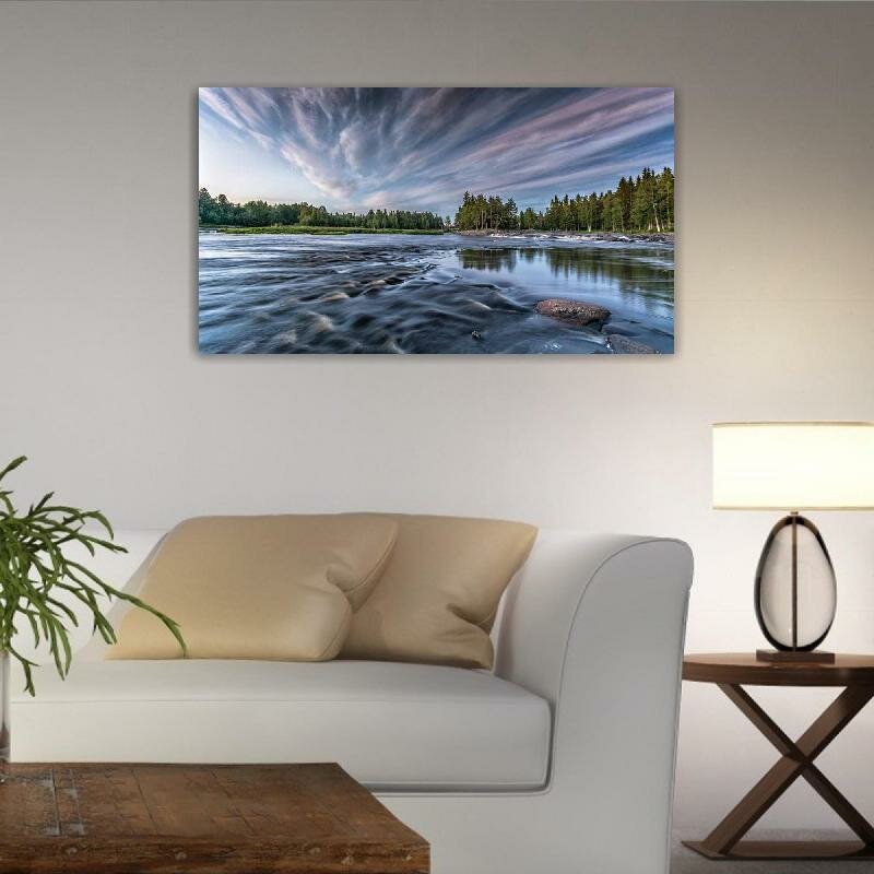 Картина на холсте 60x110 LinxOne "Лес река облака Финляндия" интерьерная для дома / на стену / на кухню / с подрамником