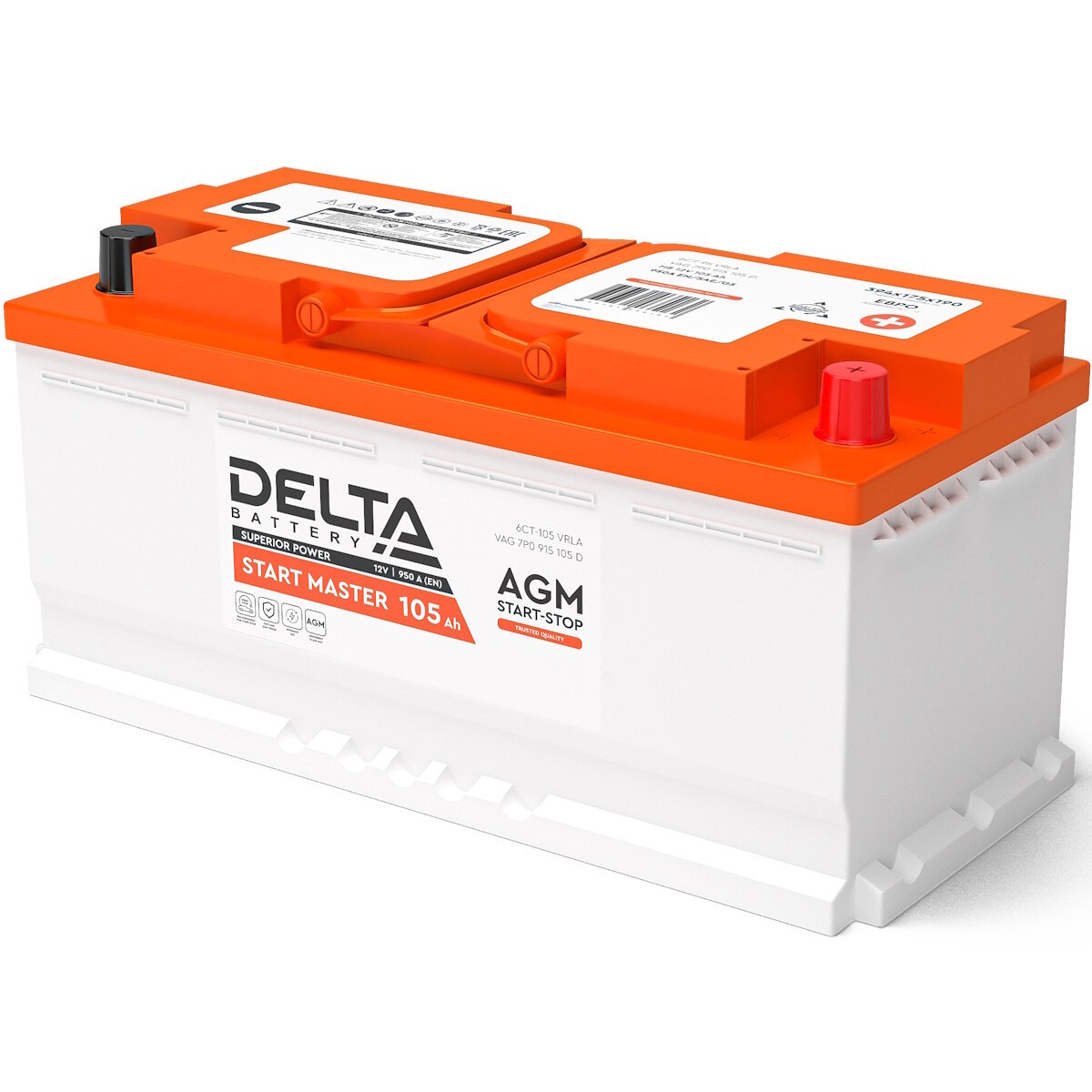 Автомобильный аккумулятор DELTA AGM Start-Stop 105 (12В 105Ач 950А 393х175х190) обр. пол.