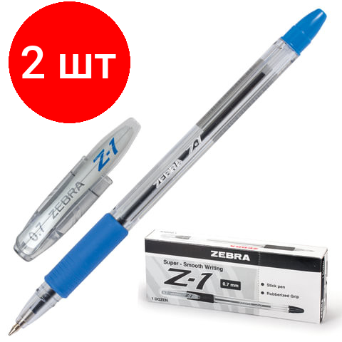 Комплект 2 шт, Ручка шариковая с грипом ZEBRA "Z-1", синяя, корпус прозрачный, узел 0.7 мм, линия письма 0.5 мм, BP074-BL