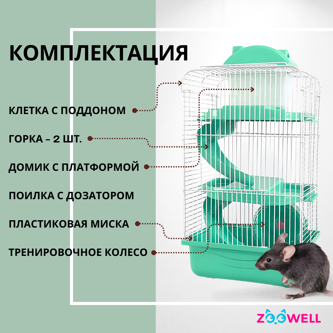 Клетка для грызунов ZooWell Трехэтажная, клетка для животных, 27x21x45 см, зеленая - фотография № 2