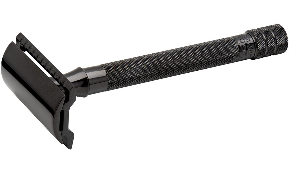 Cтанок Т- образный для бритья MERKUR, прямой срез, закрытый гребень, длинная ручка, PVD-покрытие черного цвета, лезвие в комплекте (1 шт) 23011