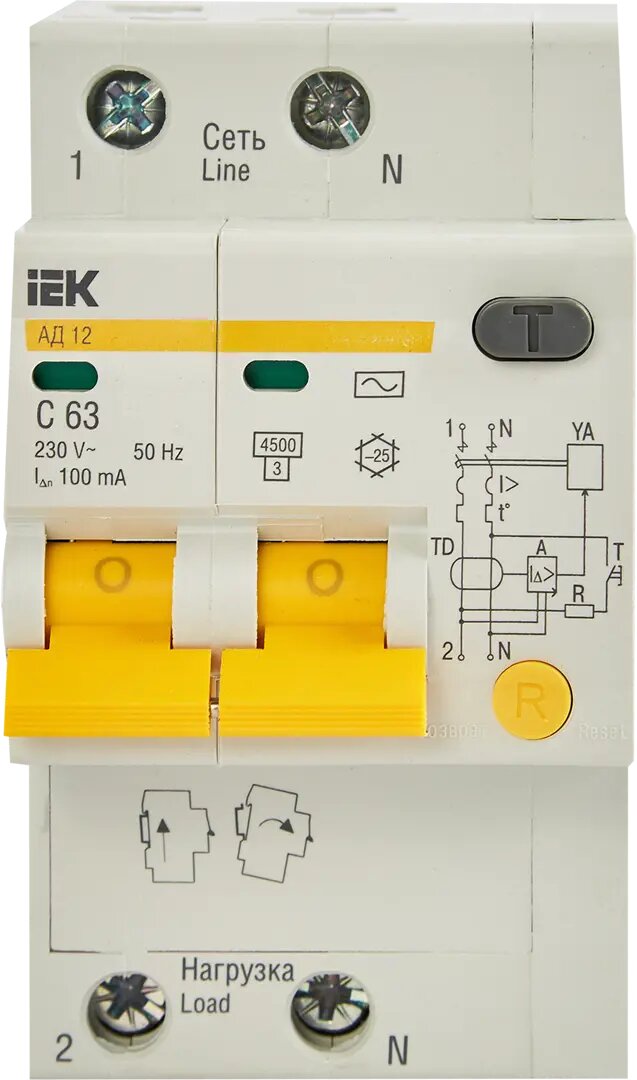 Выключатель автоматический дифференциального тока 2п C 63А 100мА тип AC 4.5кА АД-12 IEK MAD10-2-063-C-100