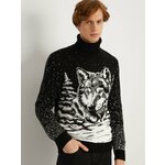 Вязаный свитер из акрила с волком, цвет Черный, размер S - изображение