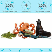 Фигурки игрушки серии "Мир морских животных": Дайвер, осьминог, морской лев, зебровая акула (набор из 3 фигурок животных и 1 человека)