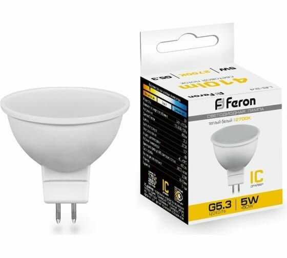 Лампа FERON LED 5вт 230в, G5.3, тепло-белый 25127