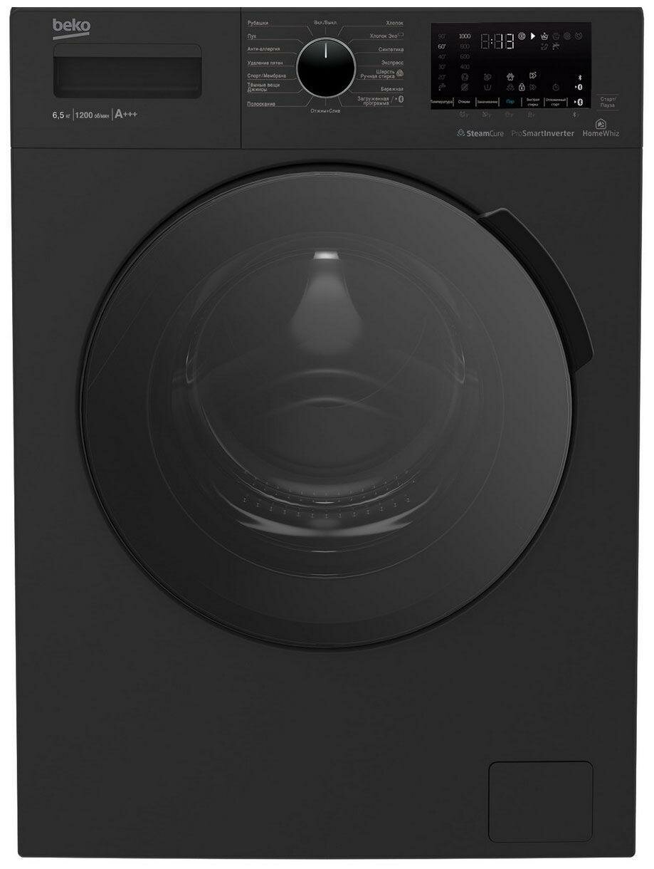 Стиральная машина Beko WSPE6H616A черная, 44 см, 6.5 кг, 1200 об/мин, пар, инвертор