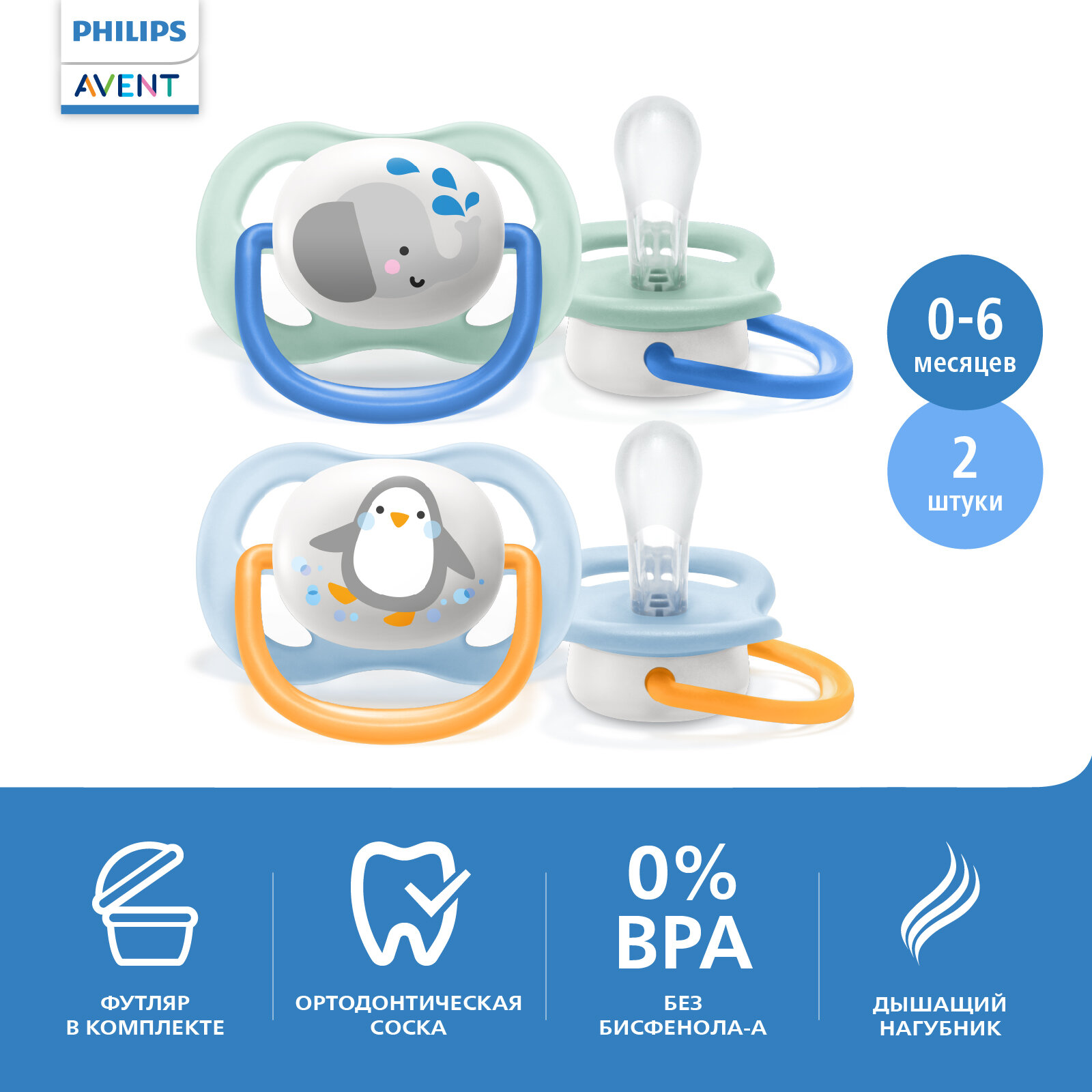 Пустышка силиконовая ортодонтическая Philips AVENT Ultra Air SCF080/05, от 0 до 6 месяцев, 2 шт., голубой