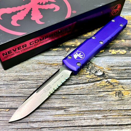 Нож складной MiсroTech MCT12111PU Ultratech, M390 PartSerrated StoneWash Blade, Purple Handle нож складной microtech mct12310pu ultratech m390 tanto stonewashed blade purple aluminium handle