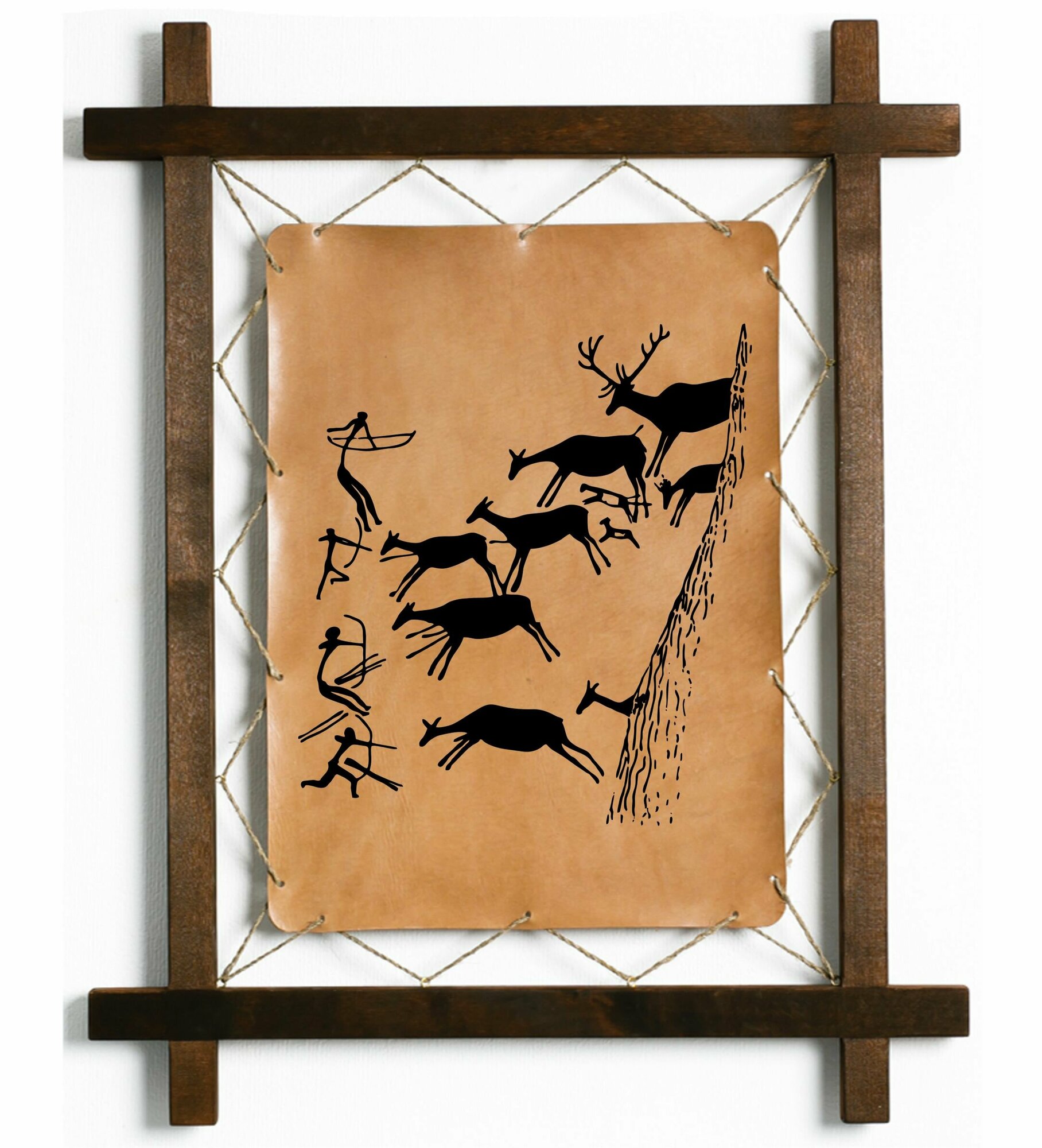 Картина Наскальные рисунки 8, гравировка на натуральной коже, интерьерная для украшения и декора на стену в деревянной раме, подарок, BoomGift