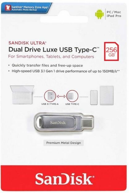 256ГБ Флешка SanDisk Ultra Dual Drive Luxe Type C/Type A (SDDDC4-256G-G46)