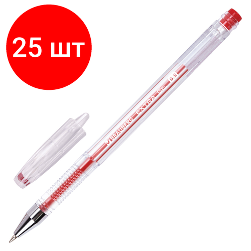Комплект 25 шт, Ручка гелевая BRAUBERG EXTRA, красная, корпус прозрачный, узел 0.5 мм, линия 0.35 мм, 143903