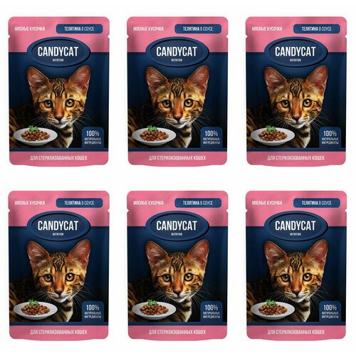 CandyCat Пауч для стерилизованных кошек, кусочки Телятины в соусе, 85 г, 6 шт