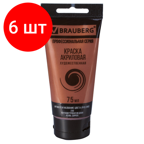 Комплект 6 шт, Краска акриловая художественная BRAUBERG ART CLASSIC, туба 75мл, перламутровая медная, 191119 краска акриловая художественная brauberg туба 75мл перламутровая медно золотая 191120