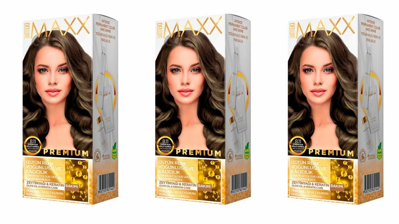 MAXX DELUXE Краска для волос Premium, тон 8.11 Интенсив пепельно-русый, 110 г, 3 уп