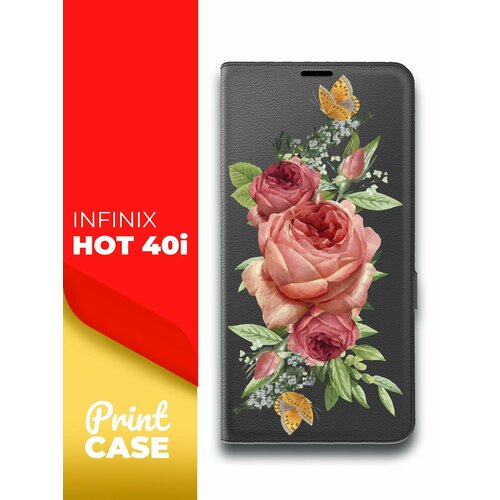 Чехол на Infinix HOT 40i (Инфиникс Хот 40ай) черный книжка эко-кожа подставка отделением для карт и магнитами Book case, Miuko (принт) Розовые Розы чехол на infinix hot 40i инфиникс хот 40ай черный книжка эко кожа подставка отделением для карт и магнитами book case miuko принт бледные цветы