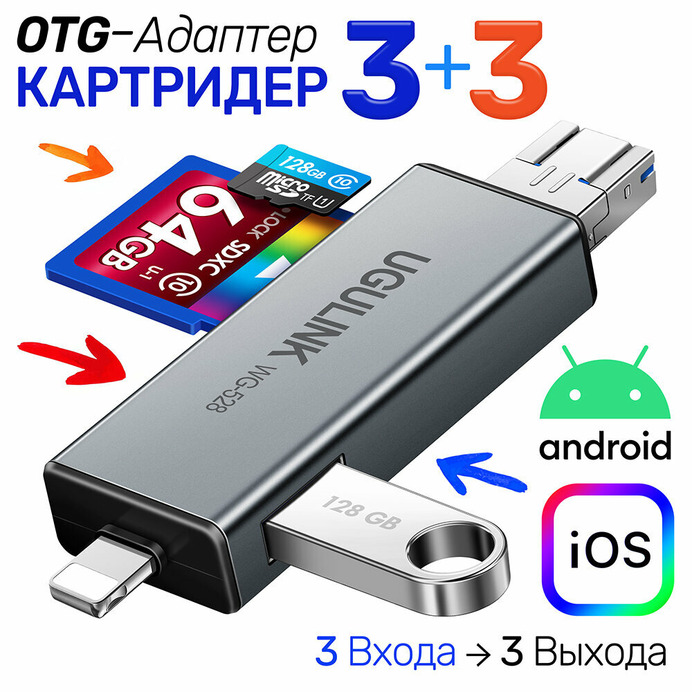 Универсальный Адаптер OTG Картридер 6 в1 для SD + MicroSD / TF карт и USB диск три выхода Type-C + USB 3.0 + microUSB UGULINK WG-528A