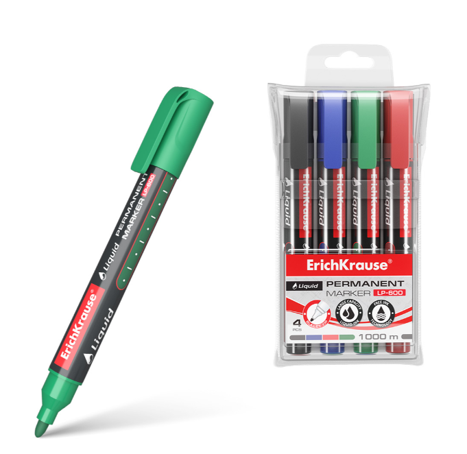 Перманентный маркер ErichKrause Liquid LP-600, цвет чернил: черный, синий, красный, зеленый