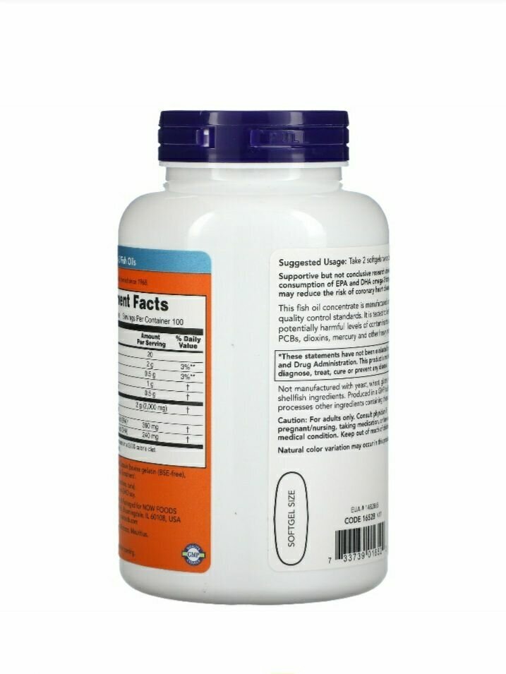 Омега 3 жирные килосты 1000 мг, NOW Omega 3 1000mg,100 желатиновых капсул — фото 1