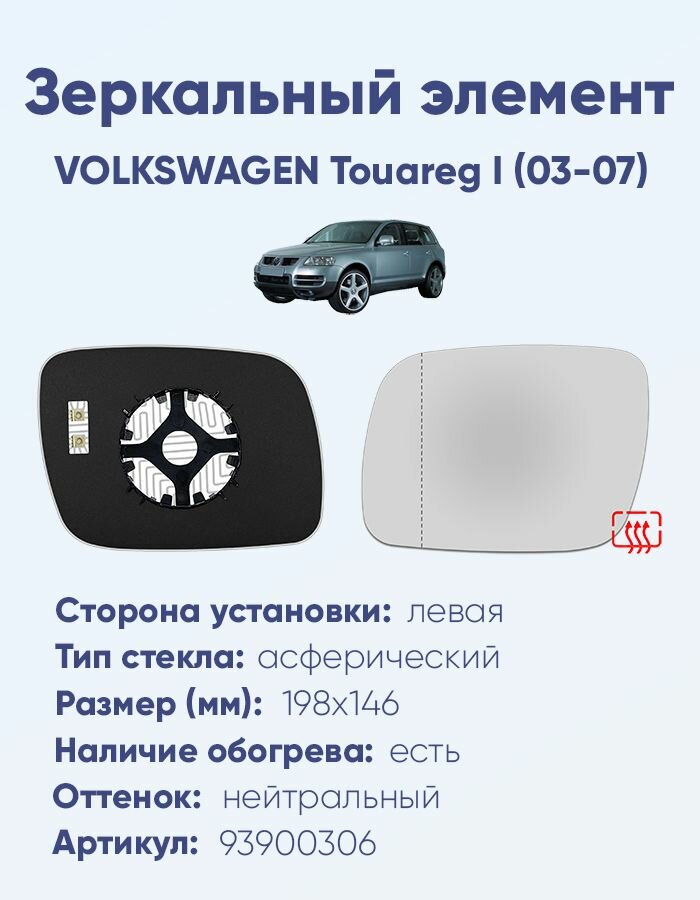 Зеркальный элемент левый VOLKSWAGEN Touareg I (03-07) асферика нейтральный с обогревом