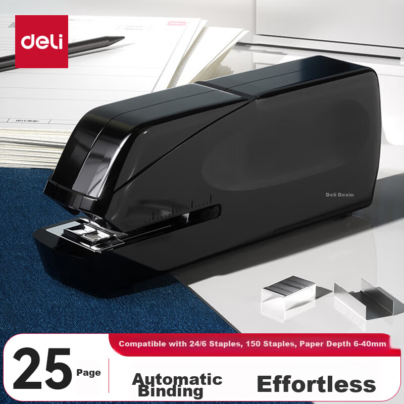 Deli Dual Power Electric Stapler Electronic Automatic Binding Stapler Compatible with 24/6 Or 26/6 Staples Office Supplies Black 0489