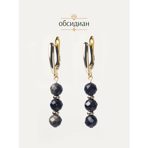 фото Серьги с подвесками brandlove, обсидиан, размер 39 мм, черный, золотой, желтый