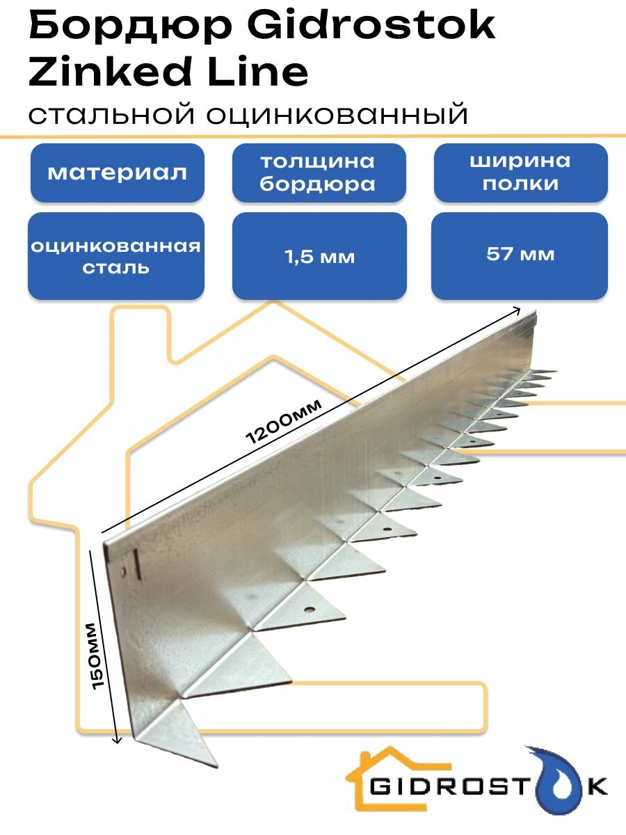 Бордюр Gidrostok Zinked Line стальной оцинкованный h150мм длина 1200 мм