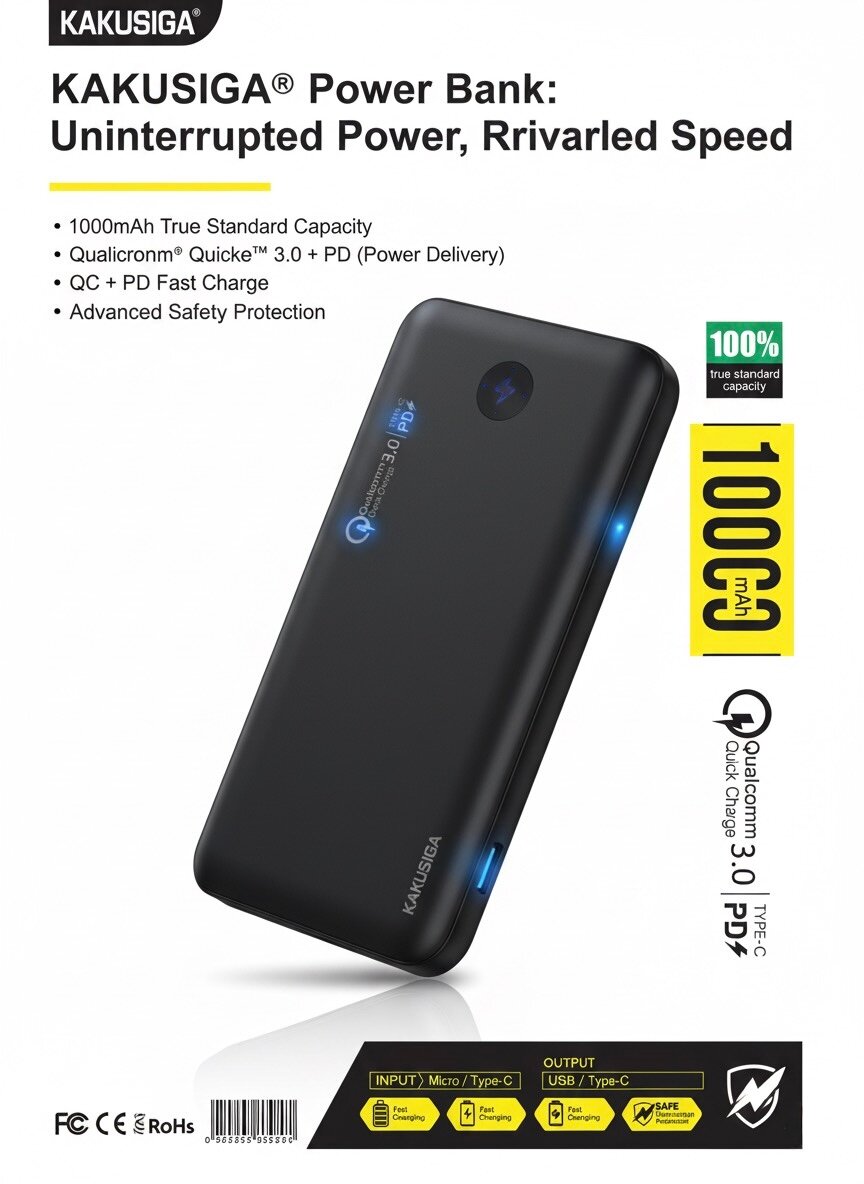 Внешний аккумулятор Kakusiga 10000 мАч | QC 3.0 + PD | Быстрая зарядка | Выход USB + Type-C