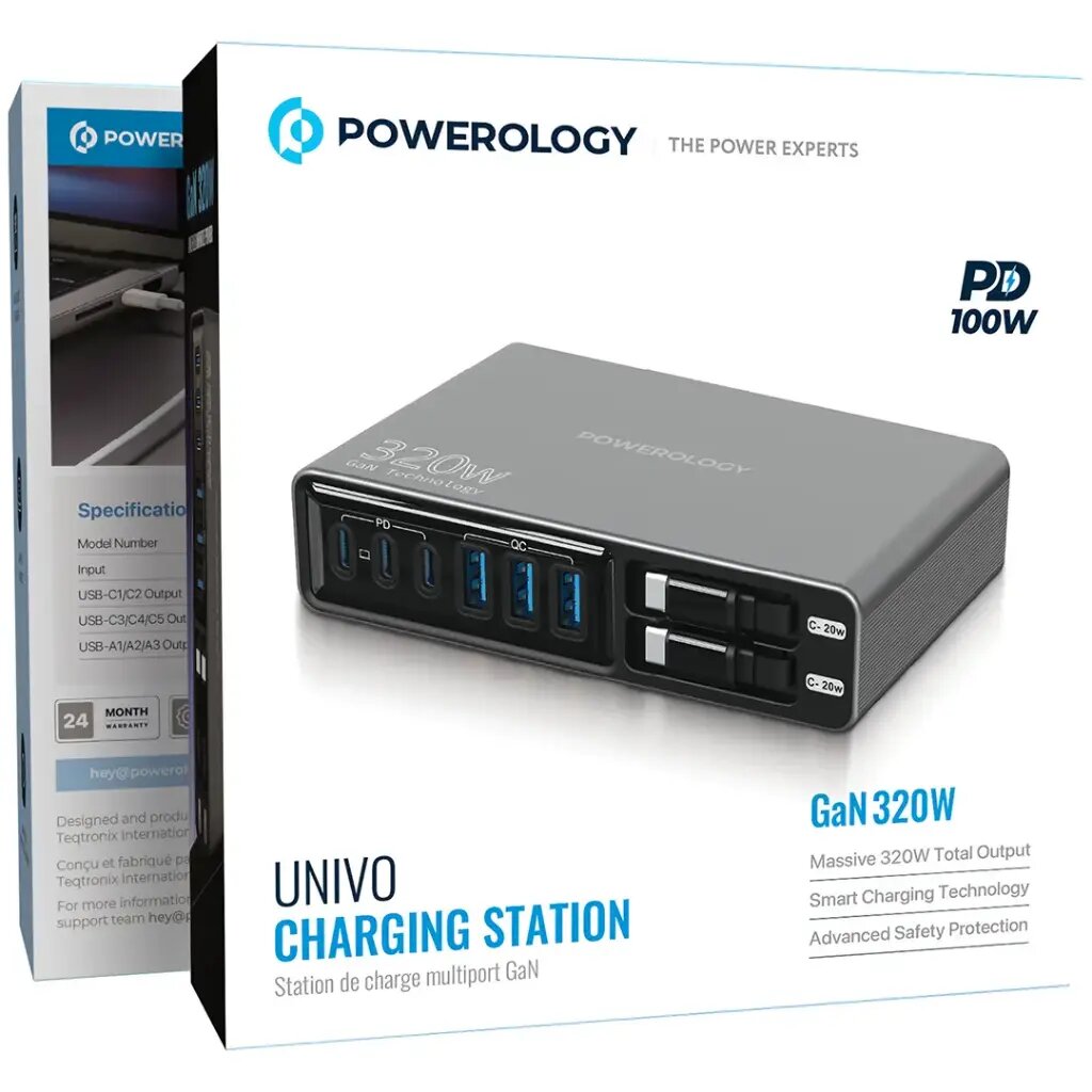 Зарядная станция Powerology Univo 320w Gan в черном цвете 3 type-c 3 usb