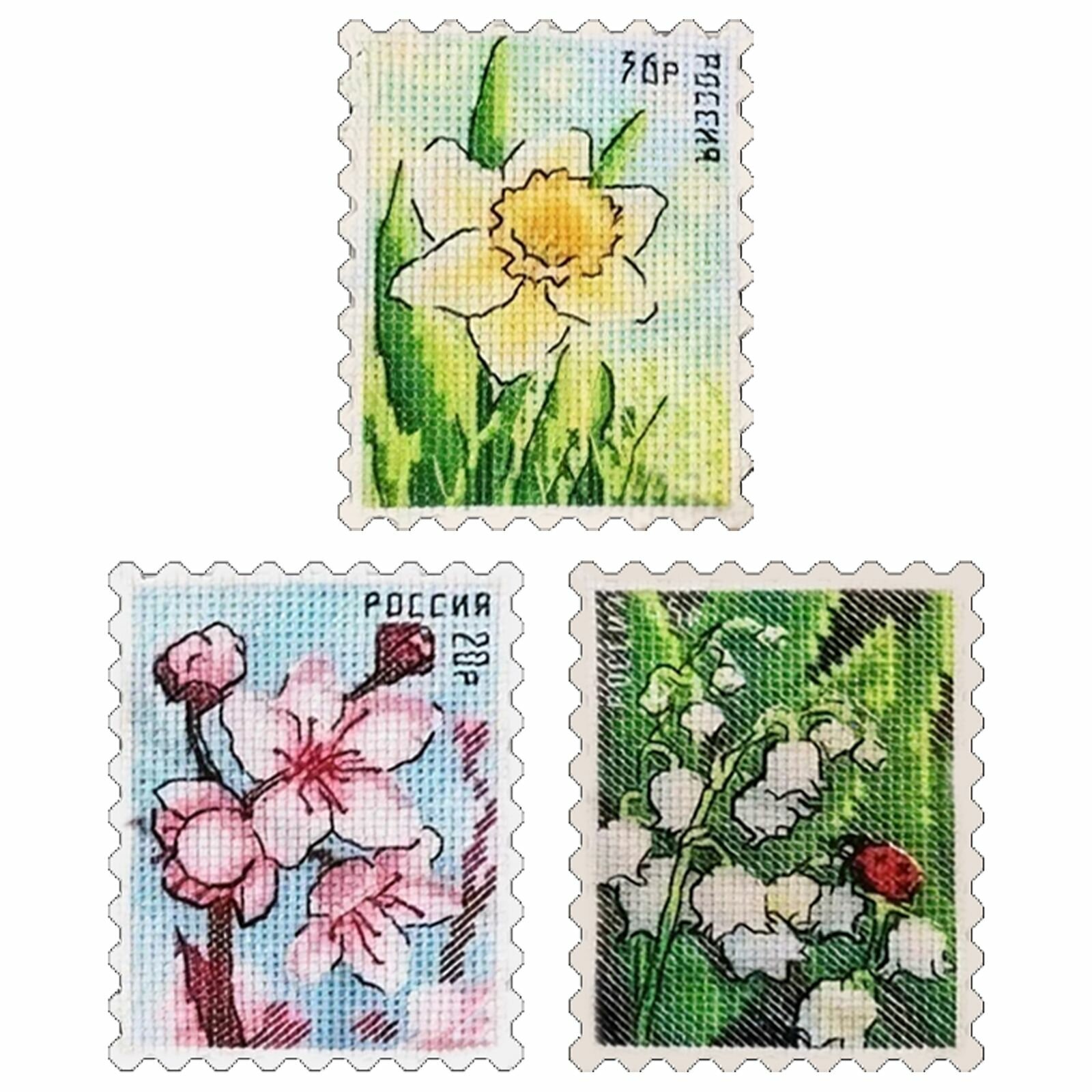Крестиковый набор Нарцисс, ландыш, персик на хлопковой ткани 14CT