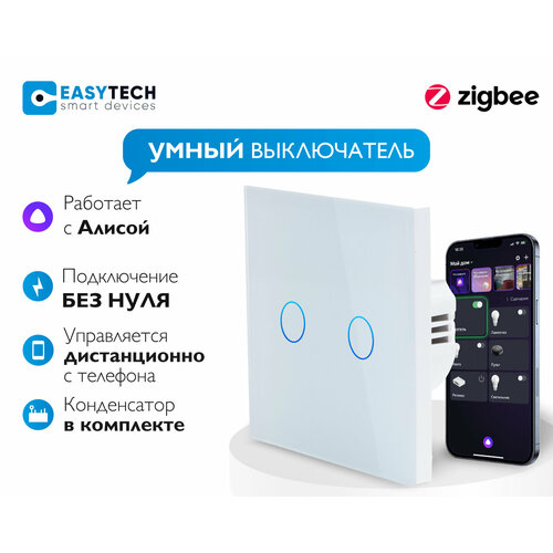 Умный сенсорный Zigbee выключатель с Алисой двухклавишный без нуля на 1000 W Tuya, белый + конденсатор