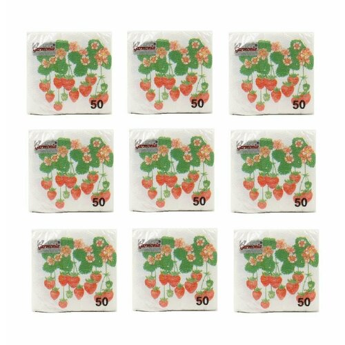 Гармония Салфетки бумажные Земляника, 1-слойные, 100 шт, 9 упаковок