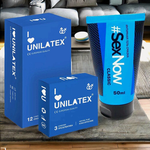 Изображение товара Презервативы Unilatex Natural Plain 12+3 шт для естественных ощущений + Интимная гель смазка для анального секса SexNow Classic 50 мл
