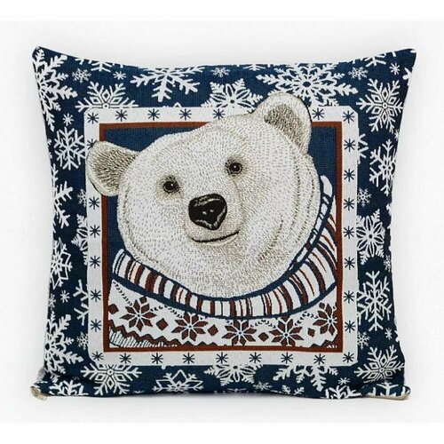 Наволочка новогодняя декоративная / интерьерная на подушку Снежинка Белый медведь. 45х45 см гобелен