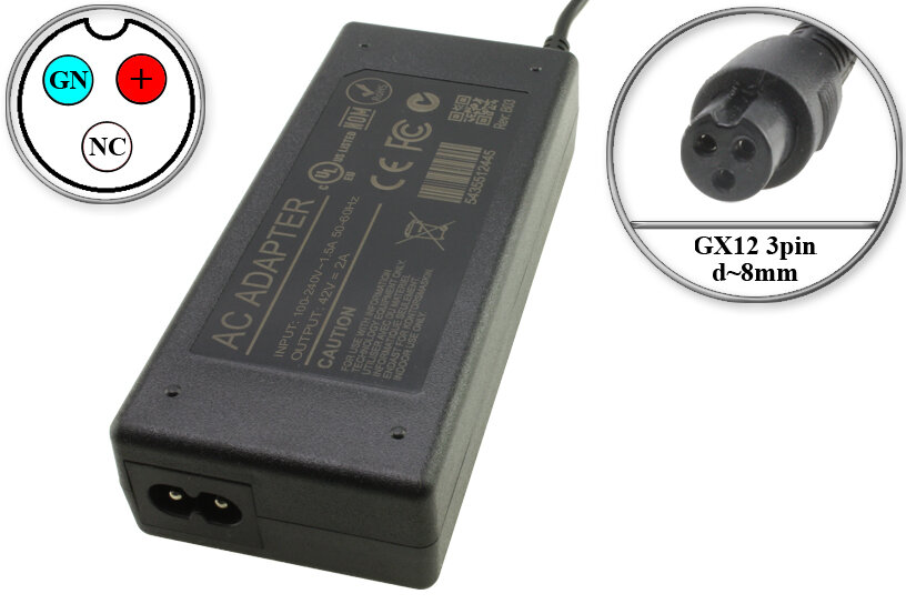 Адаптер (блок) питания 42V, 2A, 85W, GX12 3pin VNG, зарядное устройство для гироскутера, электро- самоката и др, для Li АКБ типа 10S (36V)