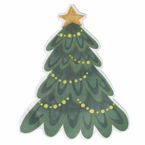 (НГ)Салфетки бумажные, 32х22 см, 20 шт, фигурные, зеленые, Елка со звездой и гирляндой, Christmas
