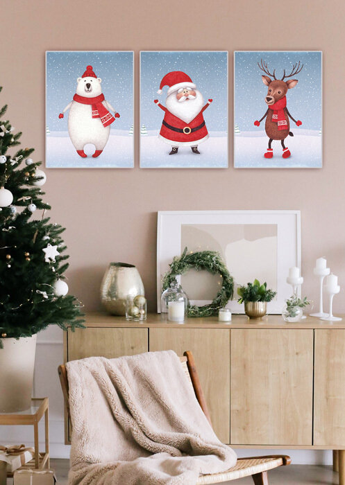 Набор постеров для интерьера на стену (30х40 см). Новогодние персонажи - Санта, олень и мишка (3 шт)