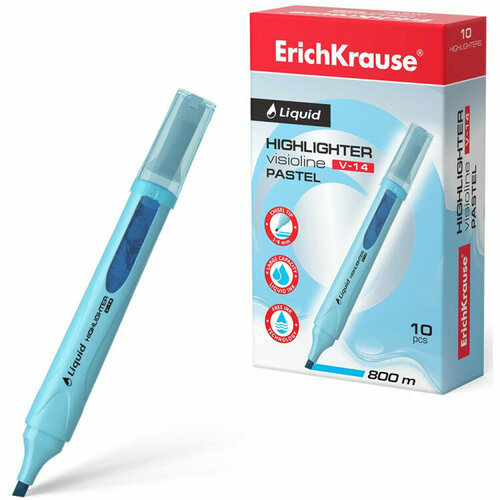 Маркер флюорисцентный ErichKrause Liquid Visioline V-14 Pastel 0,6-4мм скош. голубой, арт.56026. Количество в наборе 10 шт.