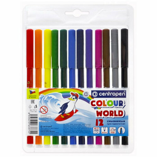 Фломастеры (Centropen) Colour World Washable 12 цветов арт.7550/12 TP / 7790/12 TP. Количество в наборе 2 шт.