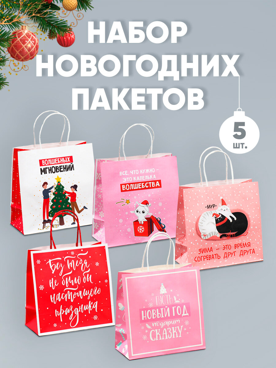 Набор подарочных пакетов крафтовых «Капелька волшебства», 5 шт, 22 х 22 х 11 см