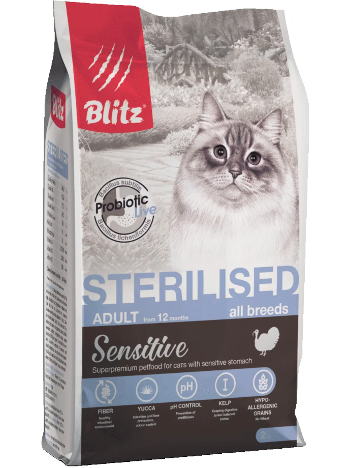 Blitz Sterilised Cats для стерилизованных кошек и кастрированных котов Индейка, 2 кг.