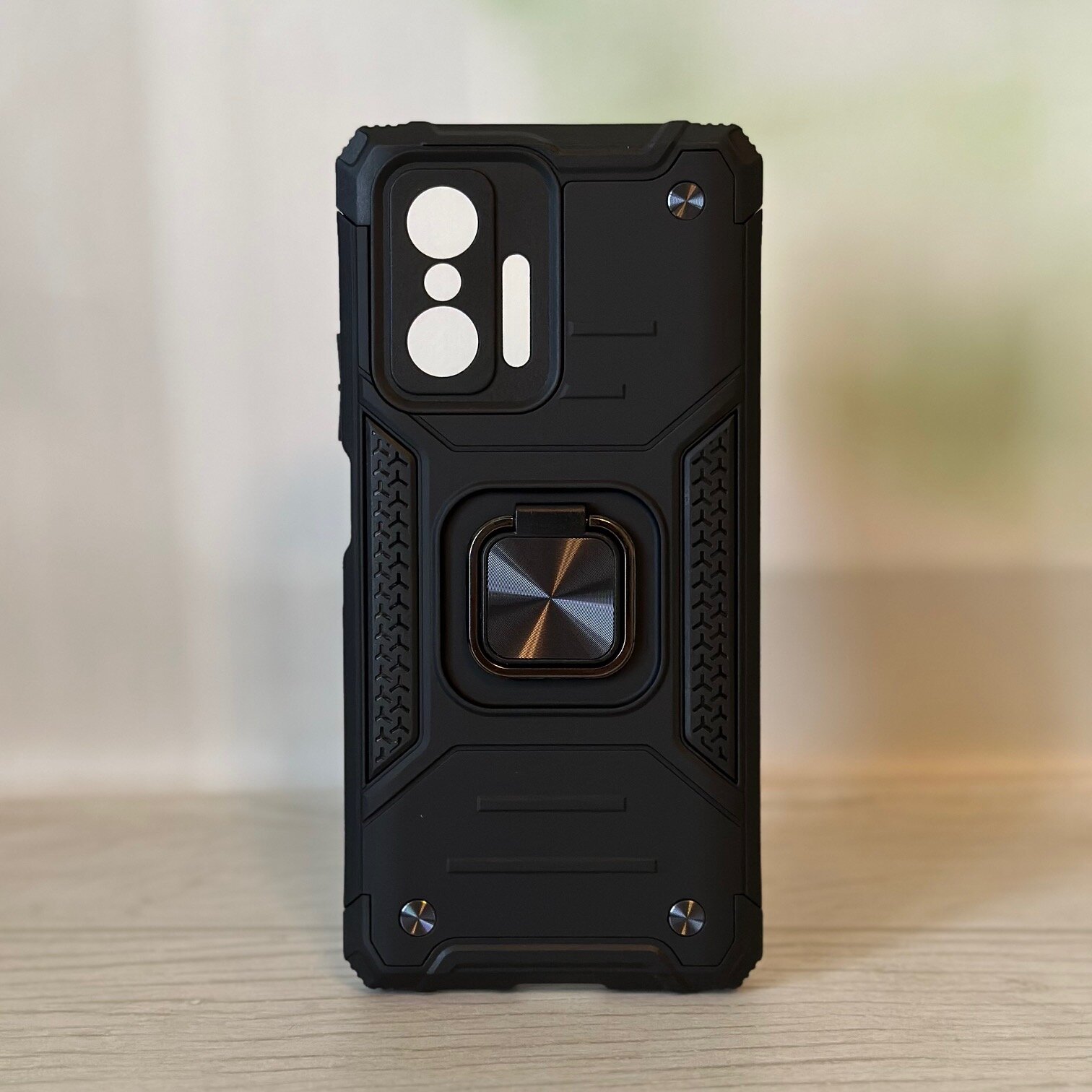 Противоударный чехол для Xiaomi 11T, 11T Pro черный с пластиной для магнитного автодержателя и кольцом подставкой — фото 1