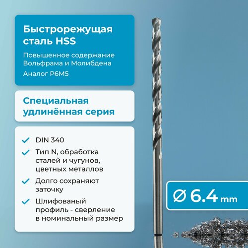 Сверло по металлу 6,4 мм NORGAU Industrial HSS удлинённое, шлифованный профиль, с центрирующей подточкой перемычки, правое, DIN 340