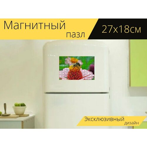 Магнитный пазл Пчела, цветок, цинния на холодильник 27 x 18 см.