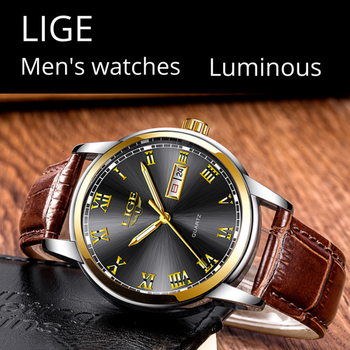 Наручные часы LIGE мужские кварцевые роскошные деловые водонепроницаемые классические LIGE, черный