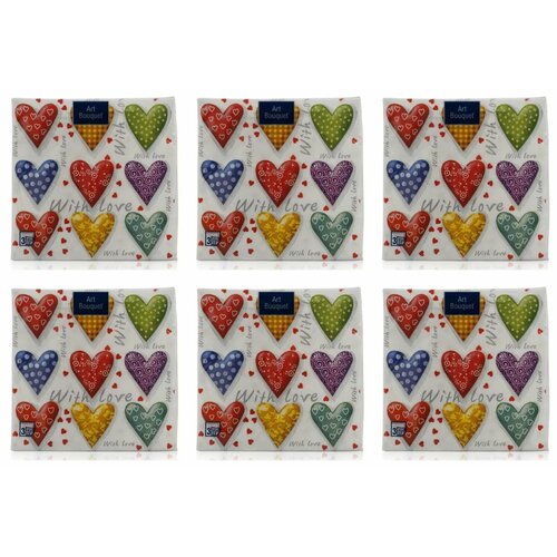 Bouquet Art Салфетки бумажные Сердца, 3 слоя, 33 х 33 см, 20 штук в упаковке, 6 уп