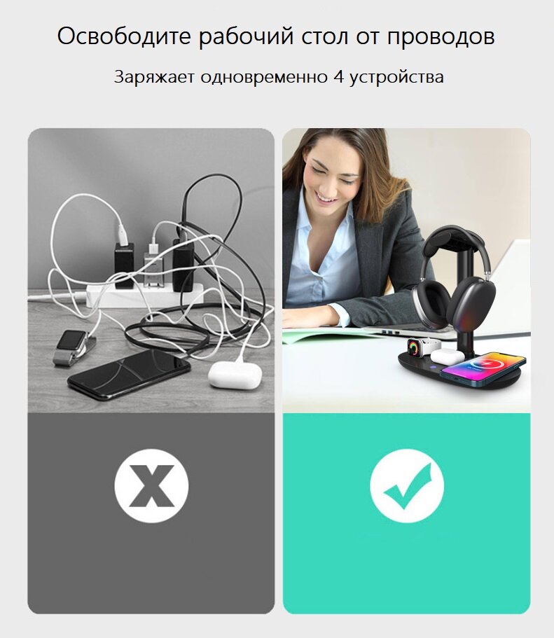 Беспроводная зарядка, устройство 4 в 1 с подставкой для полноразмерных наушников, 20W, JD-WC4.1HS — фото 1